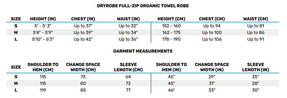 2025 Dryrobe Organic Zip Towel Robe  Size Chart